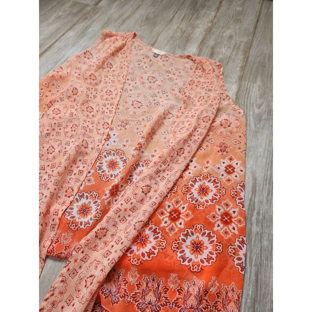 Time and Tru Women’s Kimono Shawl Sheer Orange Floral Sleeveless Chiffon 0X EUC - Picture 2 of 7